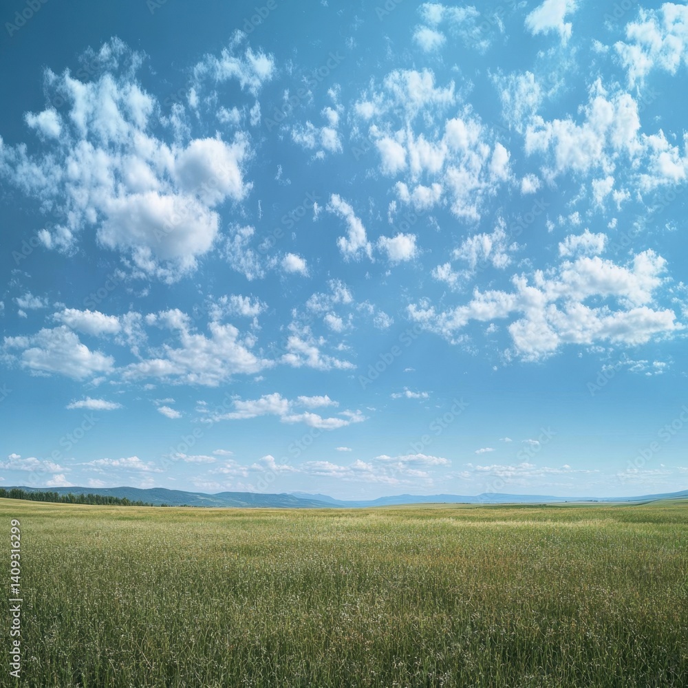 Poster expansive green field under a bright blue sky with scattered clouds creating a serene and peaceful r