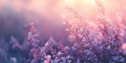 Sunset Lavender Field: A breathtaking close-up of lavender blossoms bathed in the warm, golden light of a setting sun. The soft focus creates a dreamy, romantic atmosphere. 