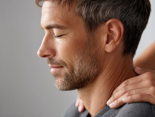 Fototapeta premium Close-up of hands giving shoulder massage to a man for stress relief and relaxation