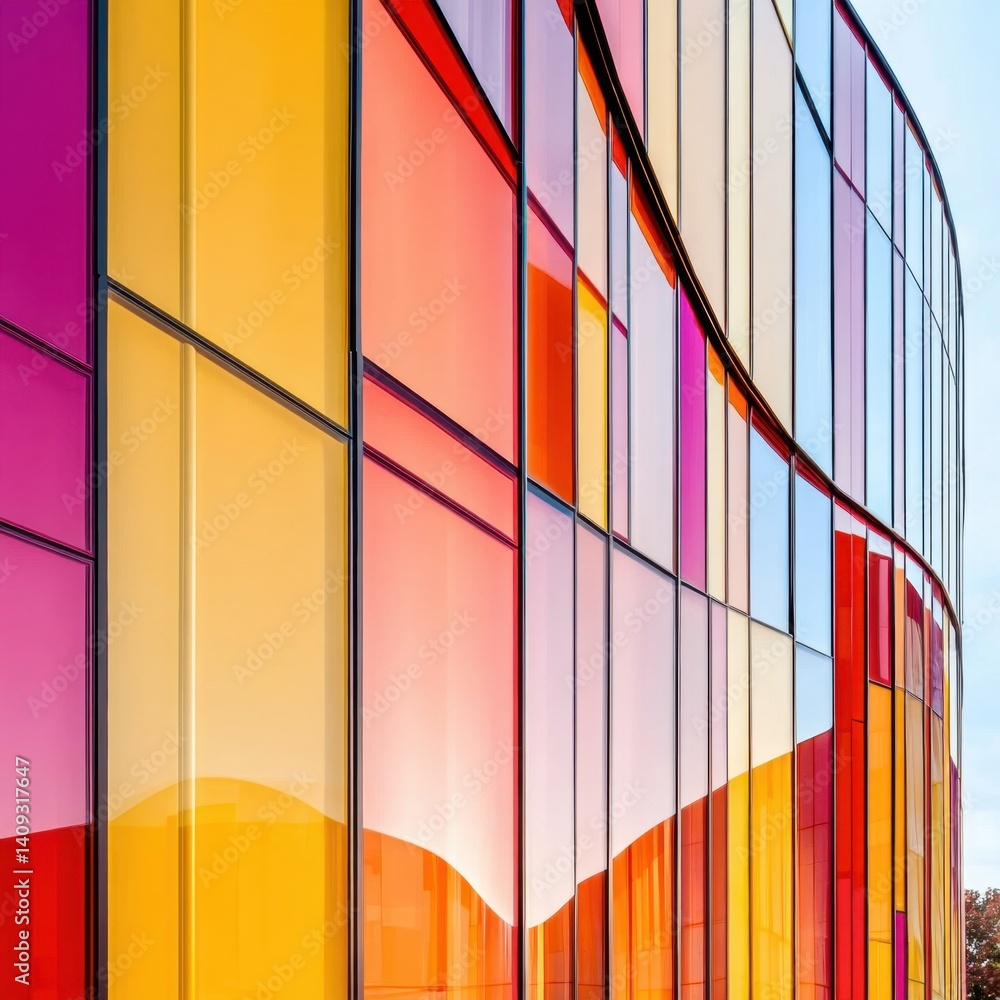 Poster vibrant facade of modern architecture with colorful glass panels reflecting light and creating a dyn