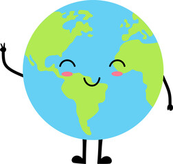 Globe character showing peace hand gesture, smiling.