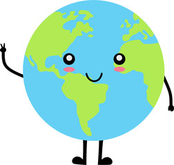 Globe character showing peace hand gesture, smiling.