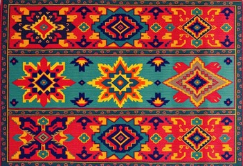 Vibrant geometric patterns in a vintage wool rug, showcasing modern color palettes on a traditional Sadu design, bedouin, vintage