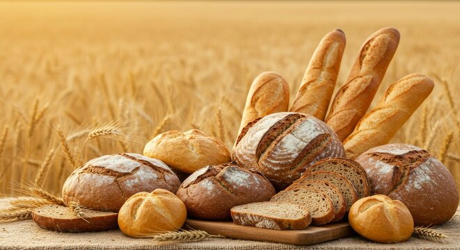 Fresh Baked Bread and Rolls in Wheat Field at Sunset