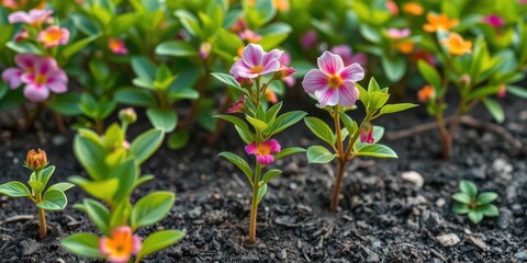 Vibrant green leaves, blooming flowers, new saplings planted in fertile soil, trees, foliage