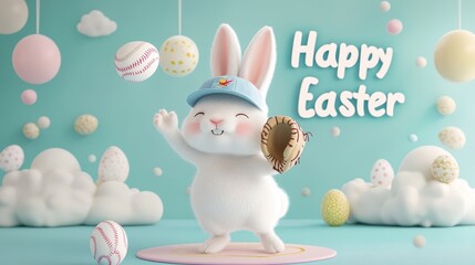A rabbit wearing a baseball cap and glove, about to catch an egg-shaped baseball, "Happy Easter" in soft script floating in the clouds 