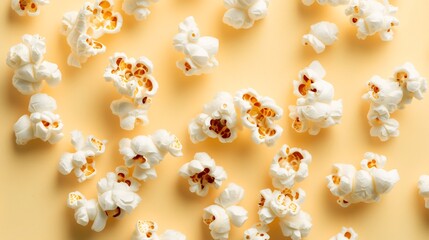 Closeup of popcorn kernels a soft pastel yellow background seen from a top down view