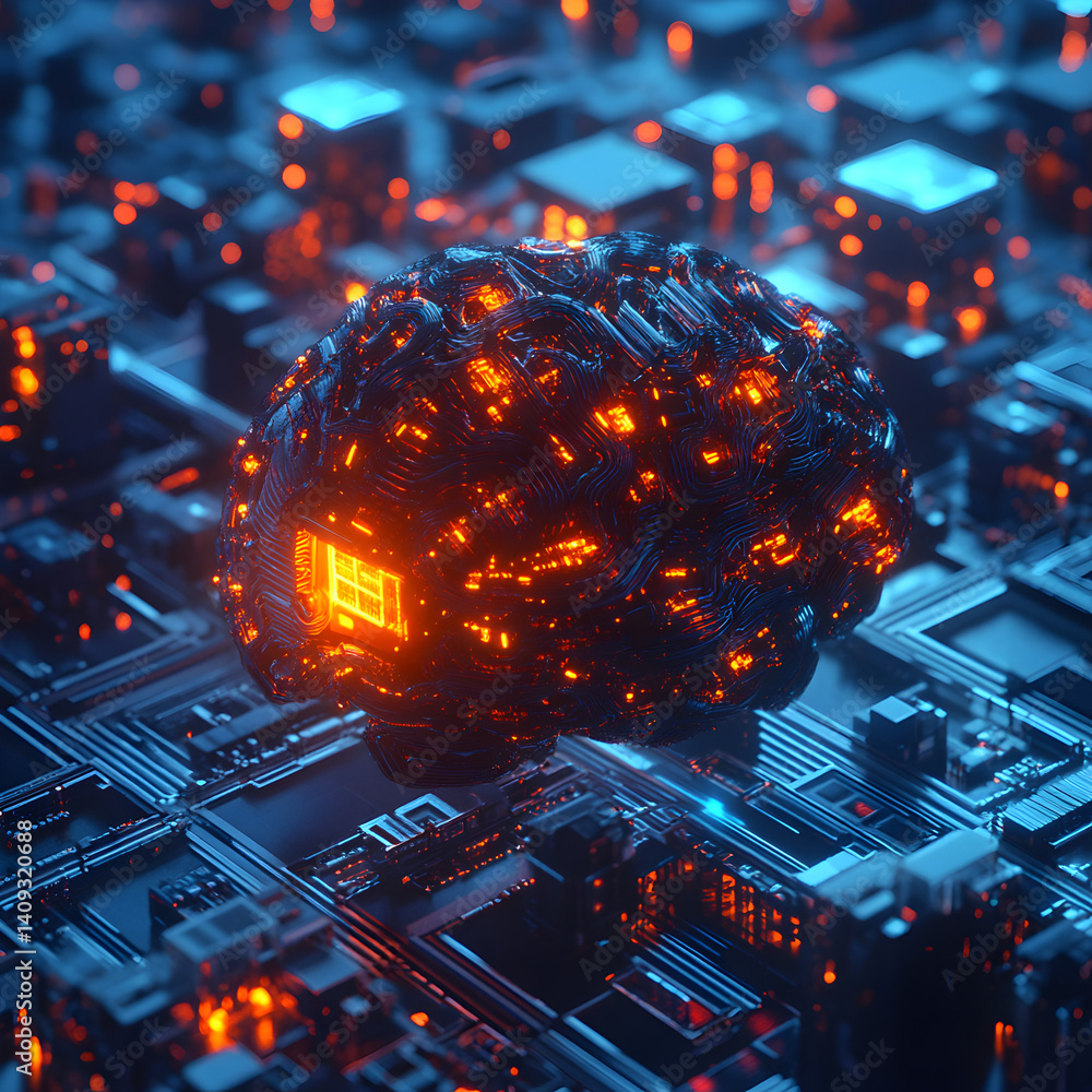 Poster artificial brain: futuristic abstract rendering of a glowing brain integrated with circuit boards.
