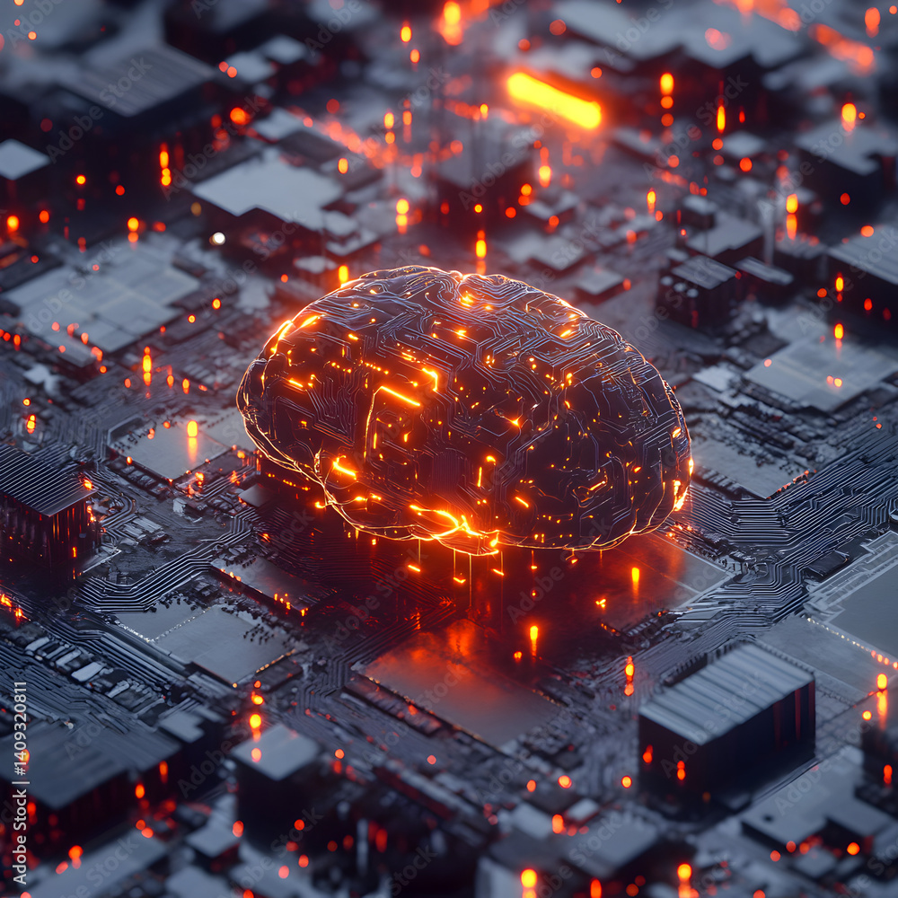 Poster digital brain: a captivating digital rendering showcases an illuminated brain set against a complex 