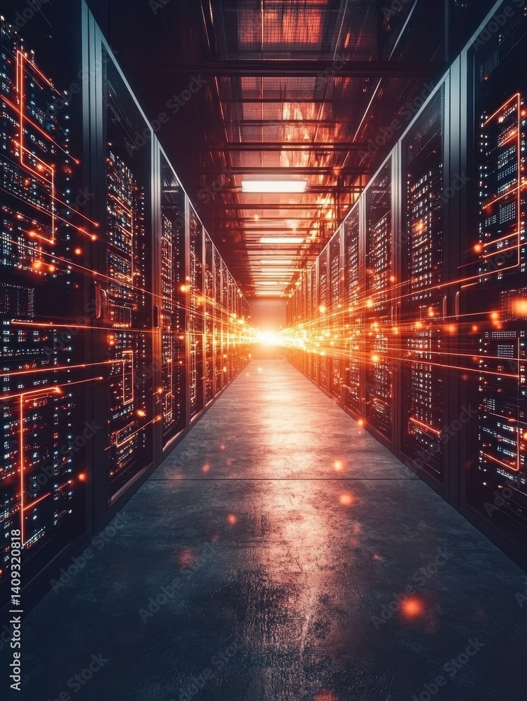 Poster data center server room with glowing network cables and bright light at the end of the corridor