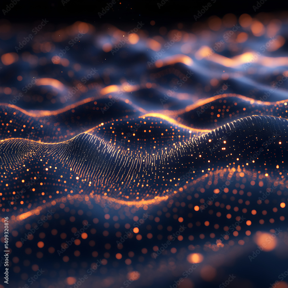 Poster abstract digital wave: an immersive close-up showcasing a sea of radiant, digital particles forming 