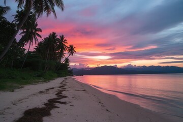 Naklejka premium Tropical beach paradise at sunset with vibrant pink and orange sky reflecting on calm ocean water and palm trees silhouette creating a serene scene