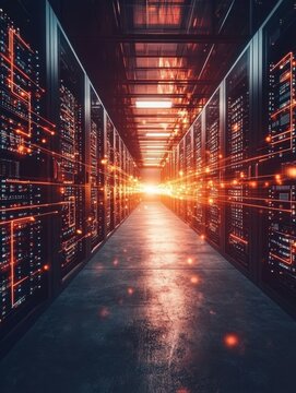 Data center server room with glowing network cables and bright light at the end of the corridor