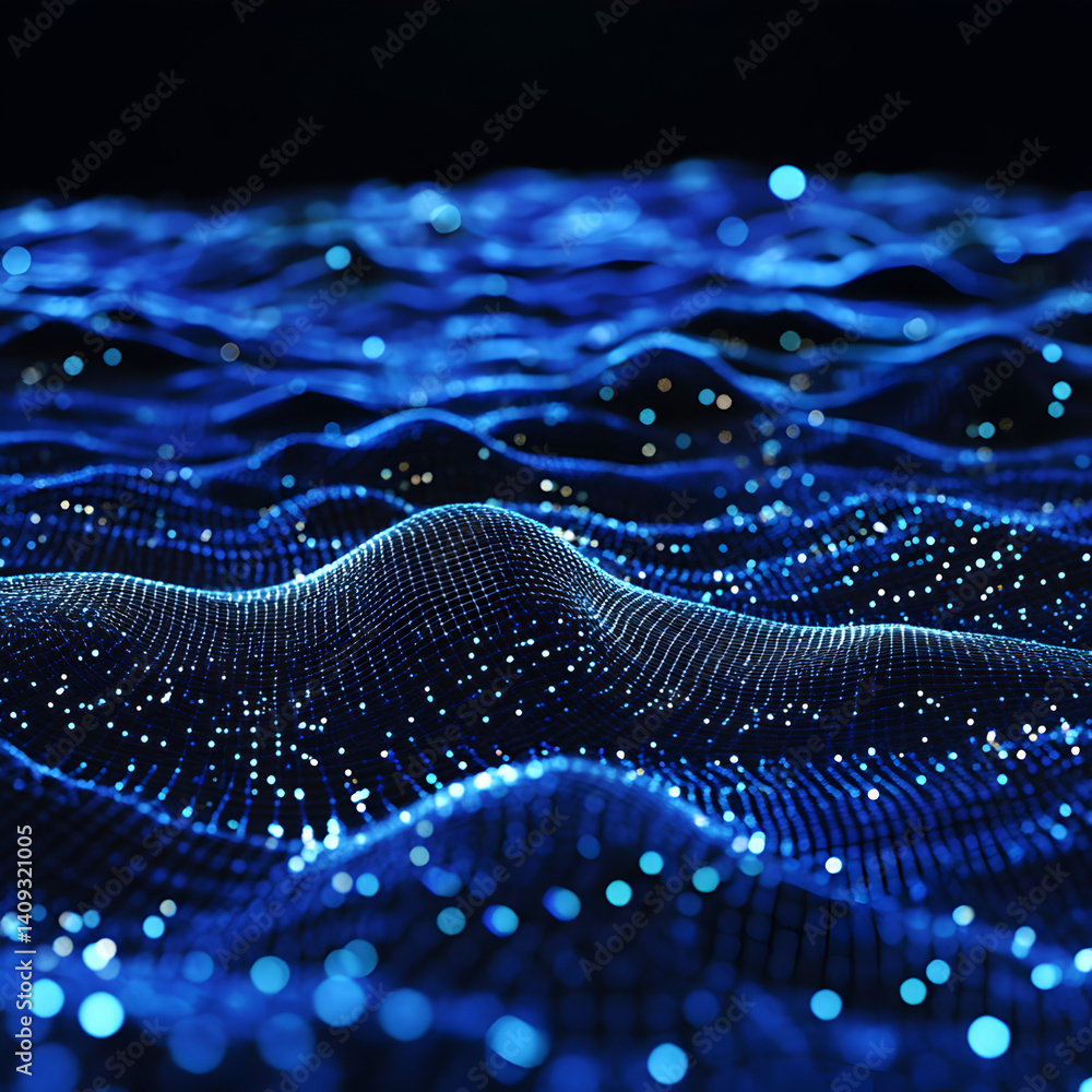 Fototapete Abstract Waves of Light and Data: A mesmerizing composition of flowing, wave-like structures crafted from luminous data points, evoking a sense of digital fluidity and interconnectedness.
