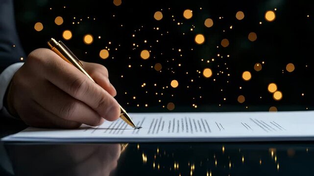 Close-up of a Hand Holding a Pen Signing a Document with Bokeh Lights in the Background