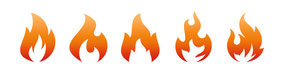 Collection of five vibrant flame vector icons with abstract shapes and warm gradients, ideal for fire warning signs, hot energy, and passion-themed designs.