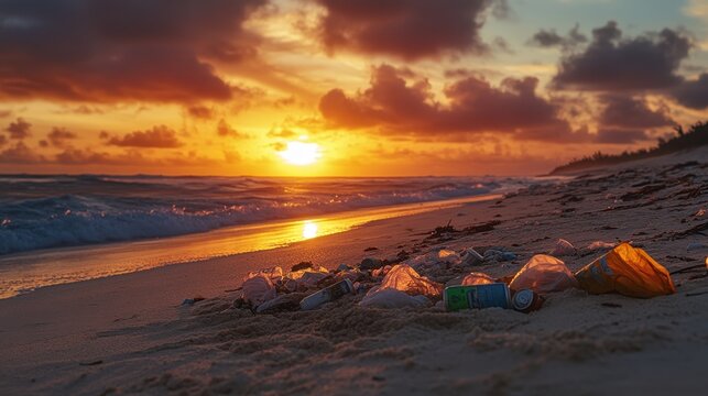 Ocean Pollution: Plastic trash and debris mar the shoreline of a beautiful beach, as a vibrant sunset casts an orange hue over the contaminated water.