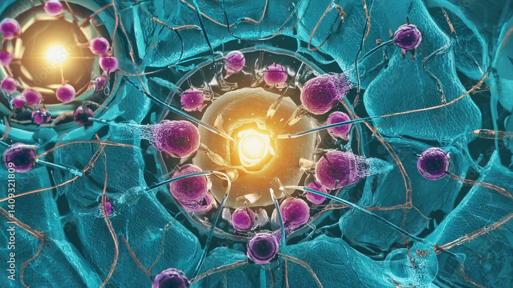 Poster intricate cellular network with glowing core and interconnected elements