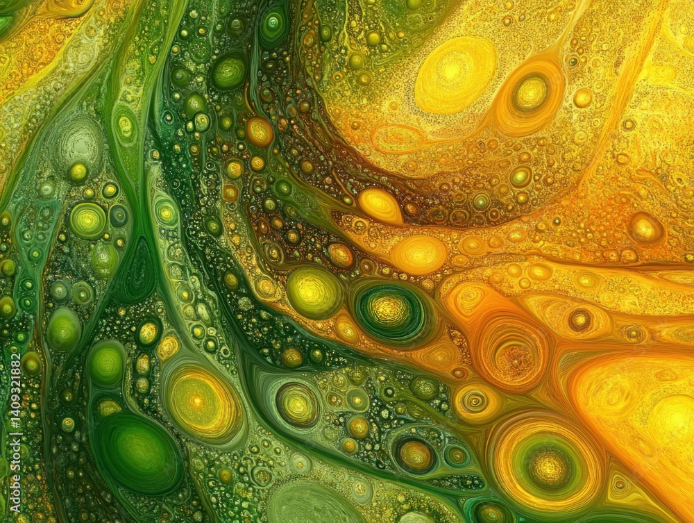 Poster vibrant abstract art featuring swirling patterns of green and gold creating a mesmerizing visual tex
