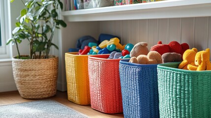 Colorful baskets filled with toys add warmth and organization to a bright playroom setting