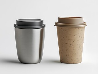 Reusable steel travel mug and disposable paper coffee cup on neutral background symbolizing sustainable choice and eco-friendly lifestyle