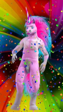 Seamless funny vertical video of a go go dancer unicorn dancing samba with a rain colorful confetti and a rainbow background. Gay pride backdrop.
