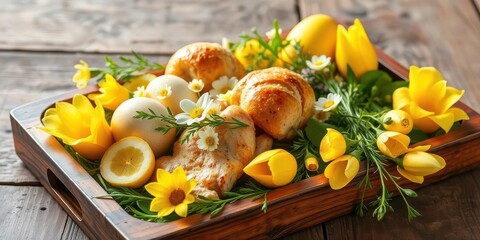 Yellow & white Easter brunch buffet on rustic wooden tray Spring holiday feast, appetizer, rustic