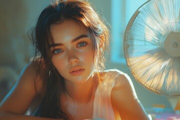 Woman Cooling Herself with Fan in Office on Hot Summer Day