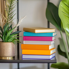 Literary Oasis: A captivating stack of vibrant books rests on a stylish shelf, framed by lush greenery. A picture of quiet study and intellectual escape.