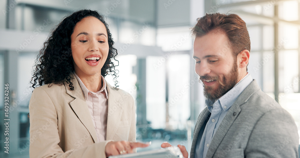 Poster Teamwork, tablet and business people in meeting with research, conversation and networking for communication. Laugh, relax and employees with discussion, company joke or collaboration in office