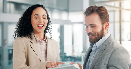 Teamwork, tablet and business people in meeting with research, conversation and networking for...