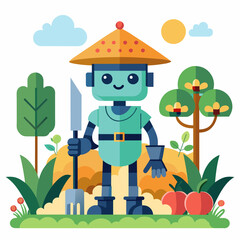 A cute, geometric robot farmer with a rice hat stands smiling in a garden patch with apples. Flat vector illustration in teal, blue, orange and red.