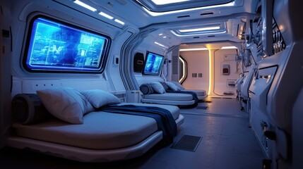 Fototapeta premium Futuristic spaceship sleeping quarters interior with glowing displays