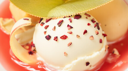 close-up of creamy white ice cream scoop with red flower petals and red sauce