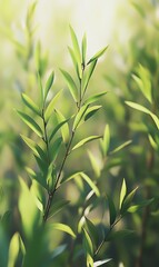 Naklejka premium Lush Green Bamboo Stalks with Light Play, Refreshing Natural Greenery and Leaves