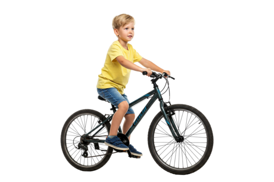 little boy riding a bicycle isolated on white