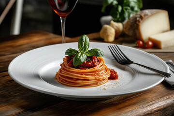Traditional spaghetti meal with basil and parmesan, close-up of rich Italian flavors