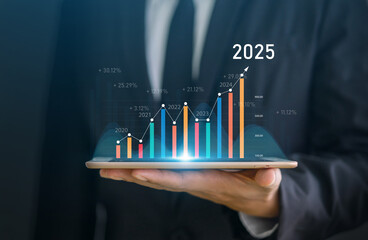 Human with 2025 new year target sale profit and arrow business financial investment graph, business...