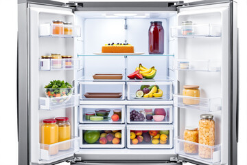 well-organized refrigerator filled with fresh fruits vegetables and preserved goods