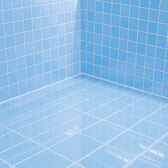 light blue glossy square tiles on wall and floor