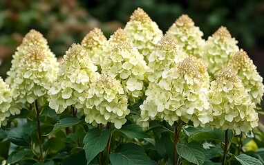 Hydrangea Paniculata Flowers Blooming with Green Leaves in a Natural Garden Setting