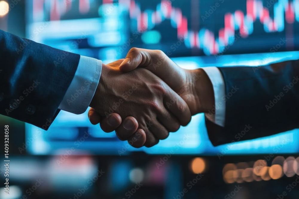 Poster business handshake between two professionals in front of financial graph on display illustrating tea