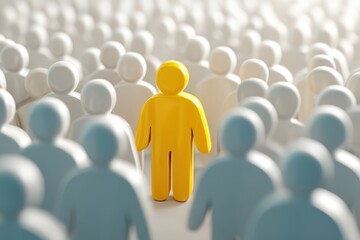 The yellow figure of the leader is surrounded by a crowd of people. Like-minded people and followers 