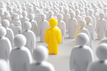 The yellow figure of the leader is surrounded by a crowd of people. Like-minded people and followers 