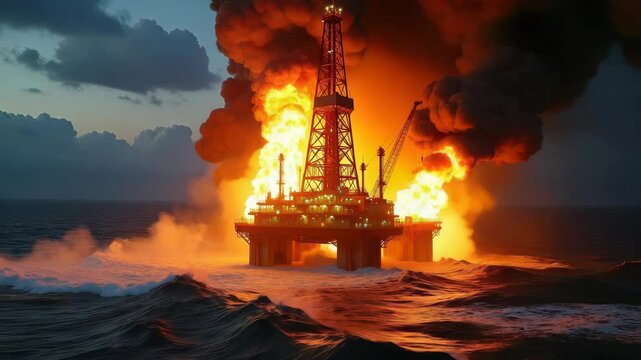 A dramatic image of an oil rig engulfed in flames, showcasing the dangers of industrial work and environmental hazards.