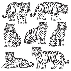 Obraz premium Set of big tigers. Collection of portraits of predatory wild cats. Set of wildlife and fauna dwellers. Vector Black silhouettes. illustration on a white background. Tattoo.