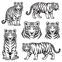 Set of big tigers. Collection of portraits of predatory wild cats. Set of wildlife and fauna dwellers. Vector Black silhouettes. illustration on a white background. Tattoo.