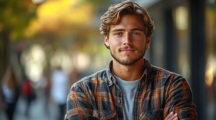 Fototapeta premium Young man in casual wear, natural side light, soft background - modern simplicity and relaxed confidence