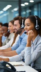 Smiling customer service representatives working in a call center.