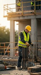 Construction Worker Shaping Rebar on Building Site in Safety Gear